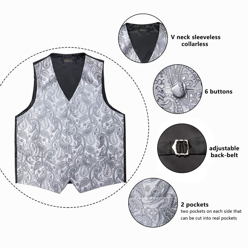 DiBanGu Mens Vest and Tie Set Formal Paisley Waistcoat and Necktie Pocket Square Cufflinks Silk Suit Vest for Tuxedo Wedding, Silver Grey, Large - Image 4